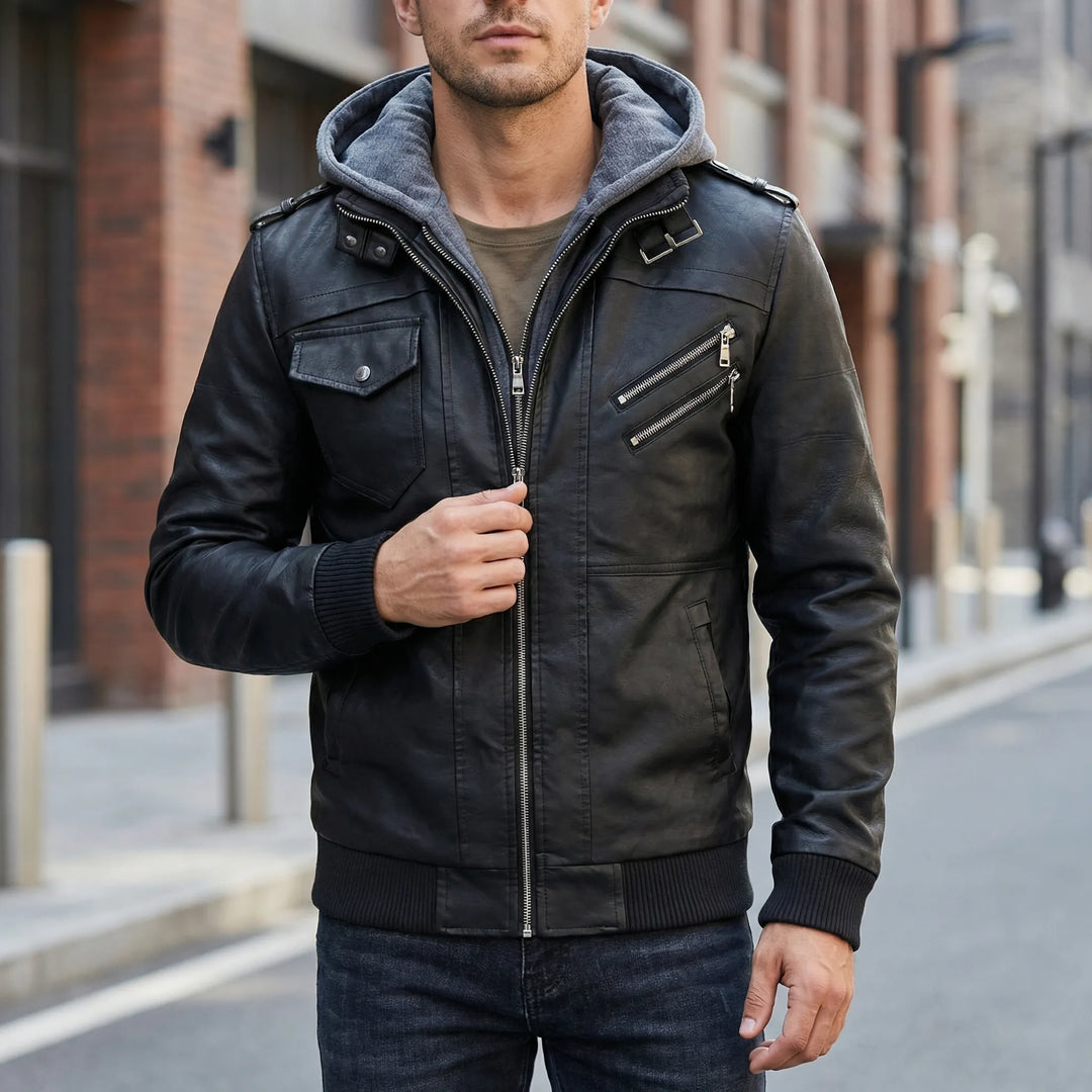 Duskero - Hooded Zip-Up Leather Bomber Jacket