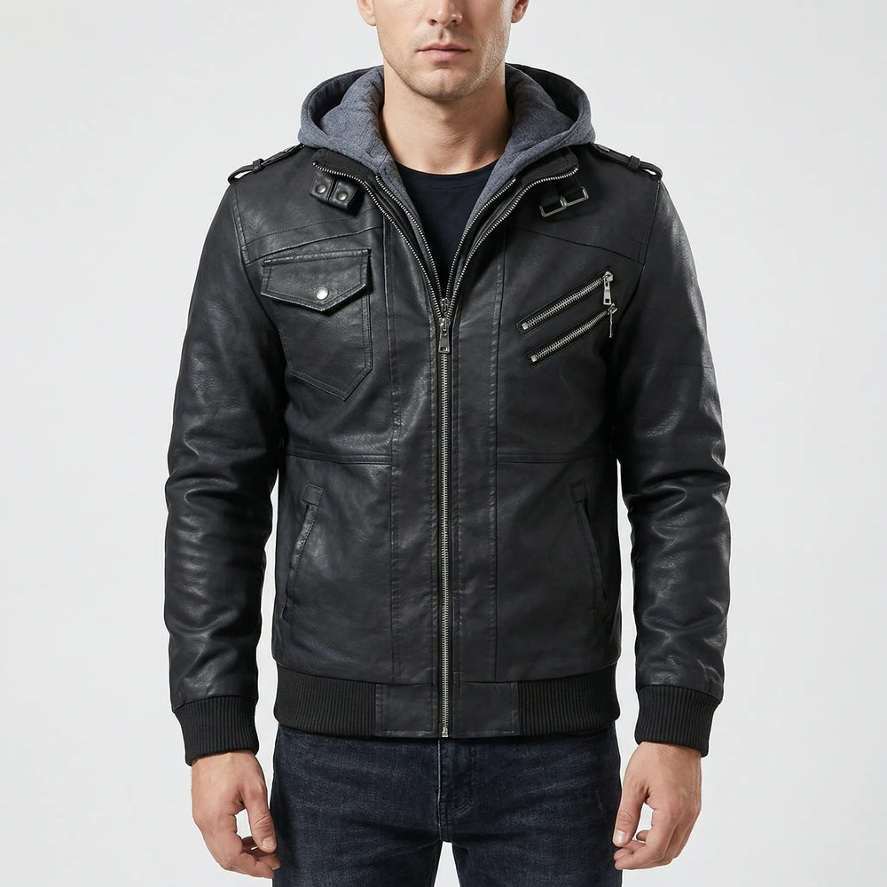 Duskero - Hooded Zip-Up Leather Bomber Jacket