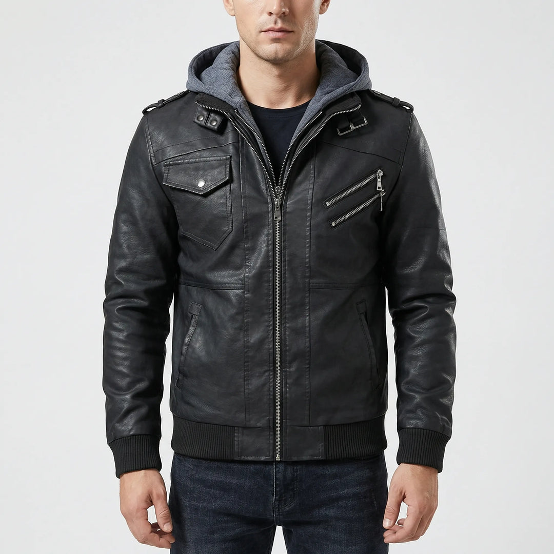Duskero - Hooded Zip-Up Leather Bomber Jacket
