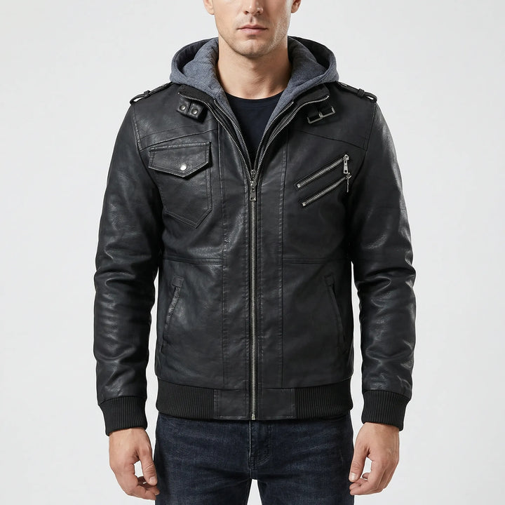 Duskero - Hooded Zip-Up Leather Bomber Jacket