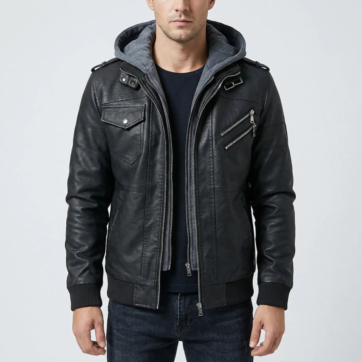 Duskero - Hooded Zip-Up Leather Bomber Jacket