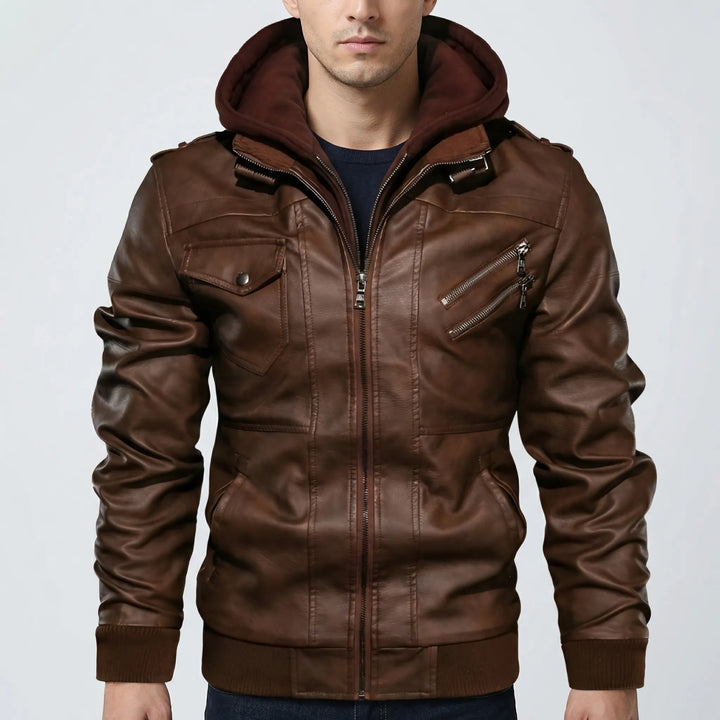 Duskero - Hooded Zip-Up Leather Bomber Jacket