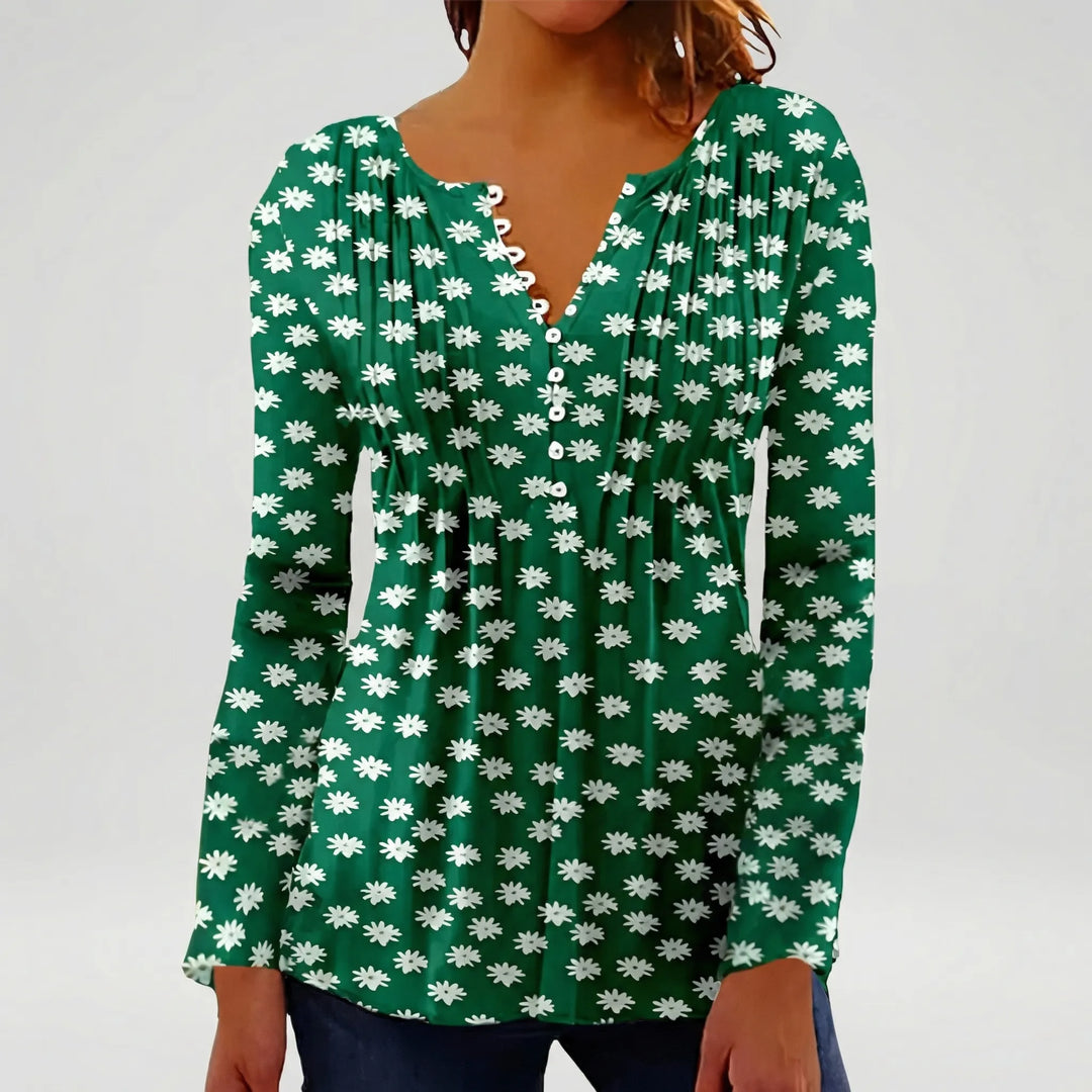 Floravia - Floral Print Women's Button-Neck Blouse