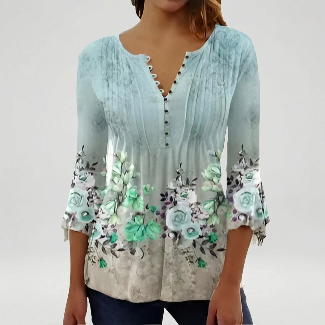 Floravia - Floral Print Women's Button-Neck Blouse
