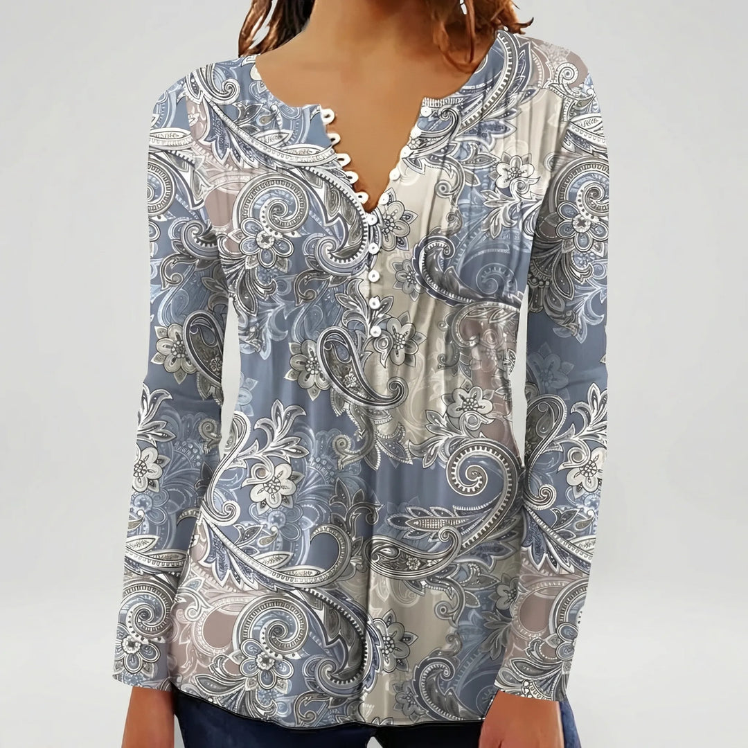 Floravia - Floral Print Women's Button-Neck Blouse
