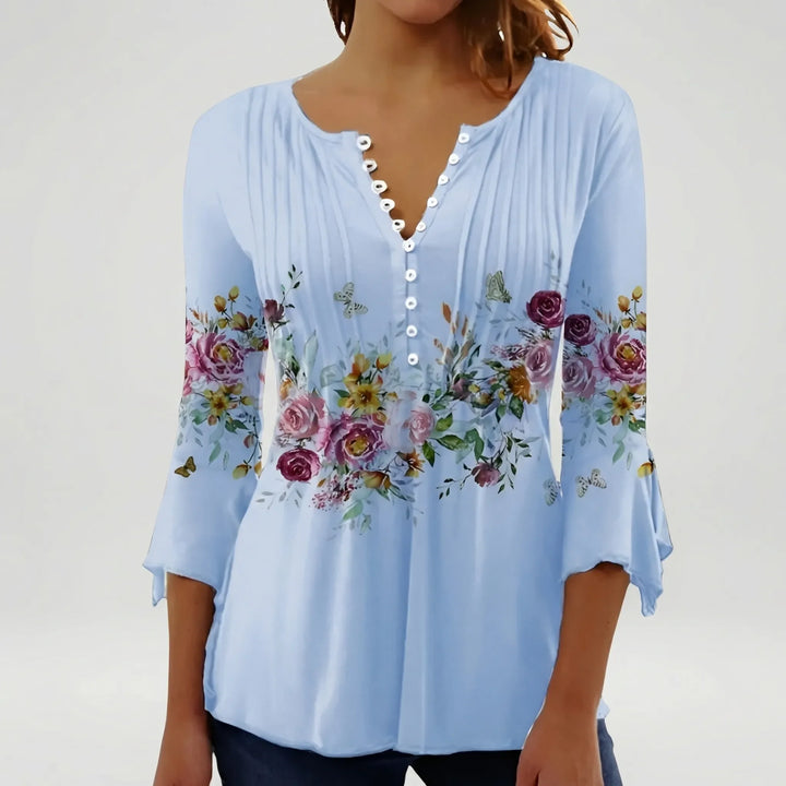 Floravia - Floral Print Women's Button-Neck Blouse