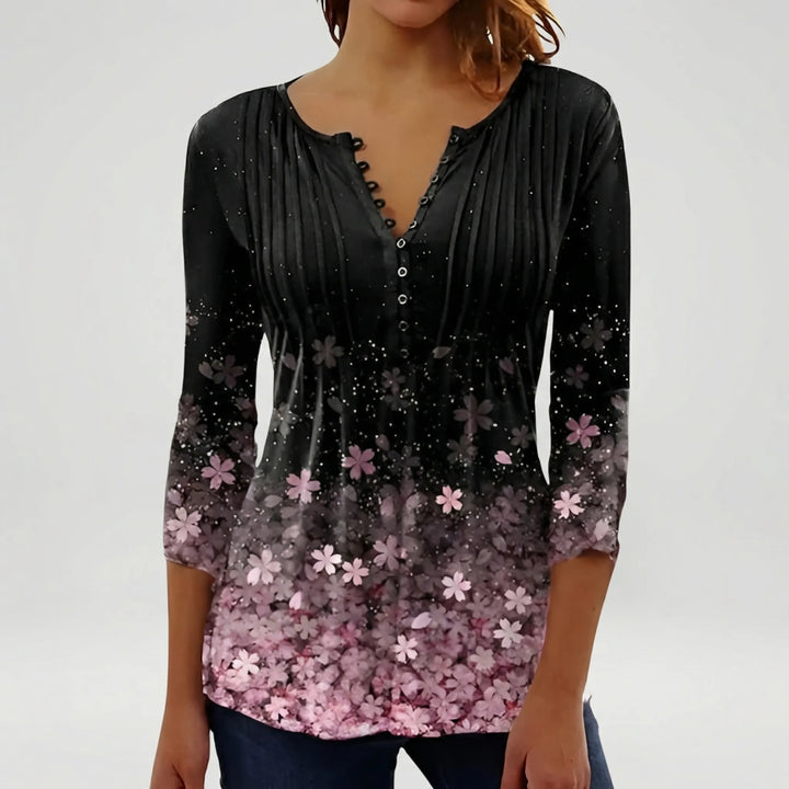 Floravia - Floral Print Women's Button-Neck Blouse