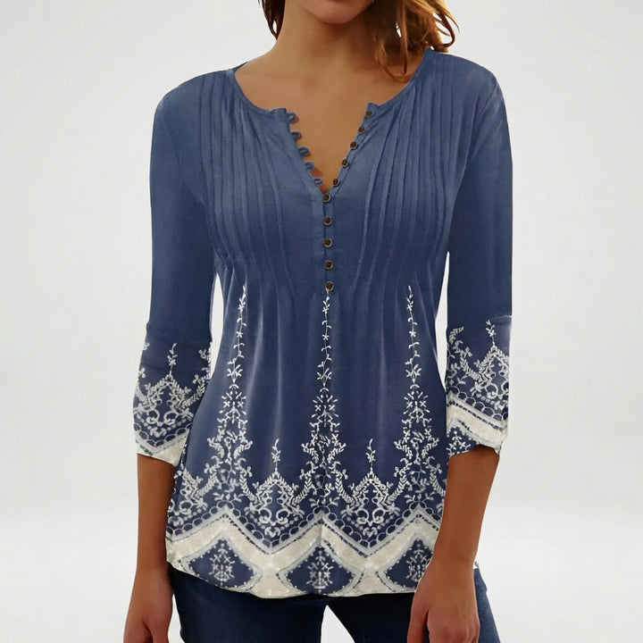 Floravia - Floral Print Women's Button-Neck Blouse
