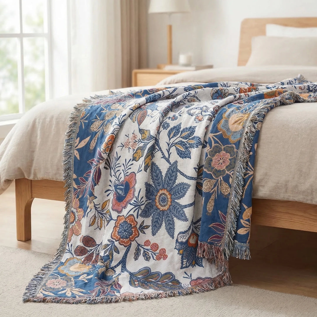 Floravia - Reversible Floral Tassel Throw Blanket