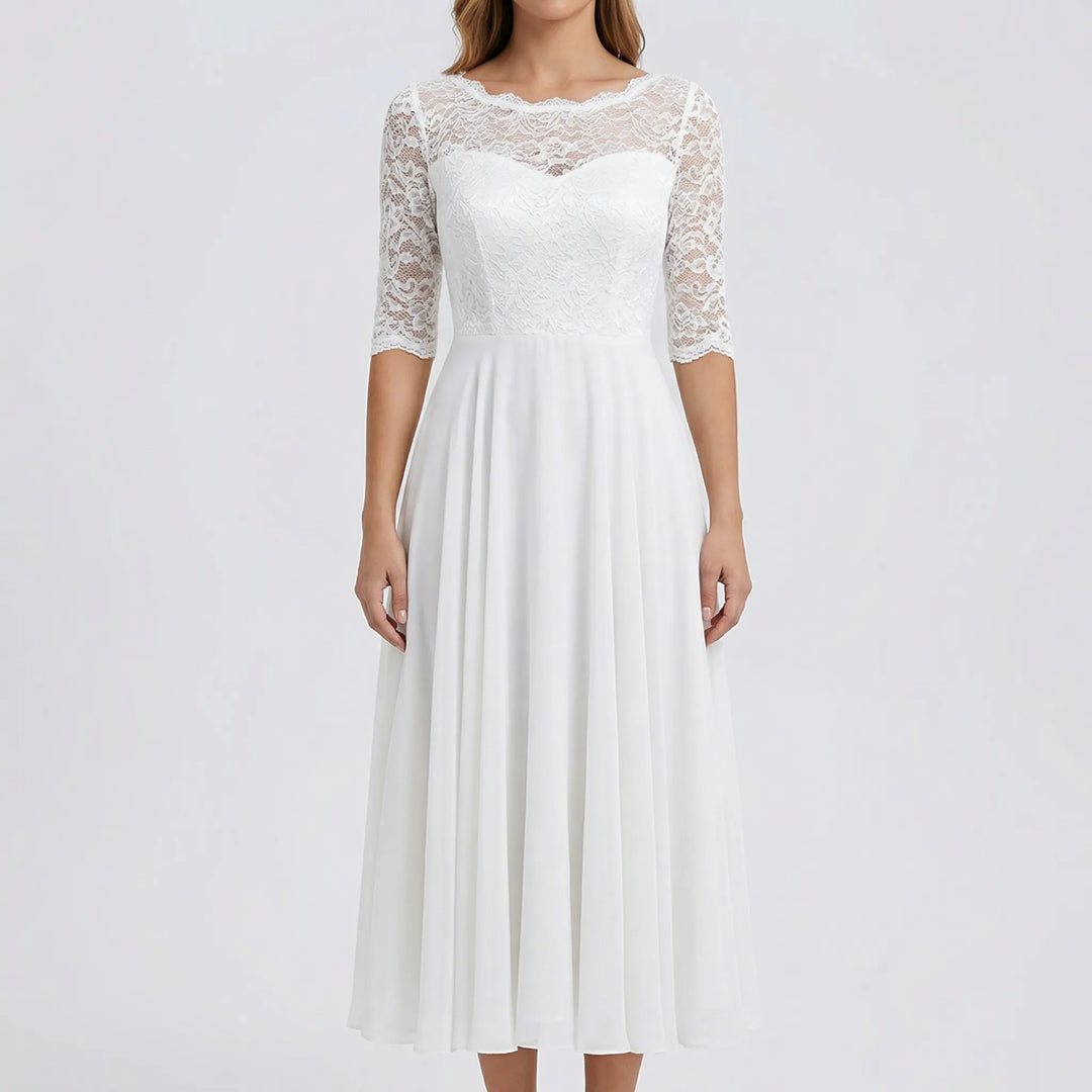 Florawyn - Midi-Length Lace Bodice Dress