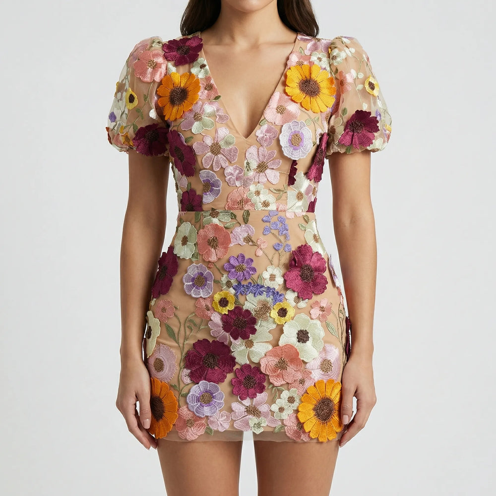 Floreva - Fitted Bodice Floral Embroidered Mini Dress