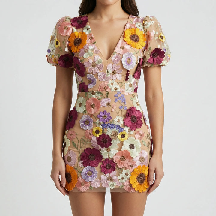 Floreva - Fitted Bodice Floral Embroidered Mini Dress