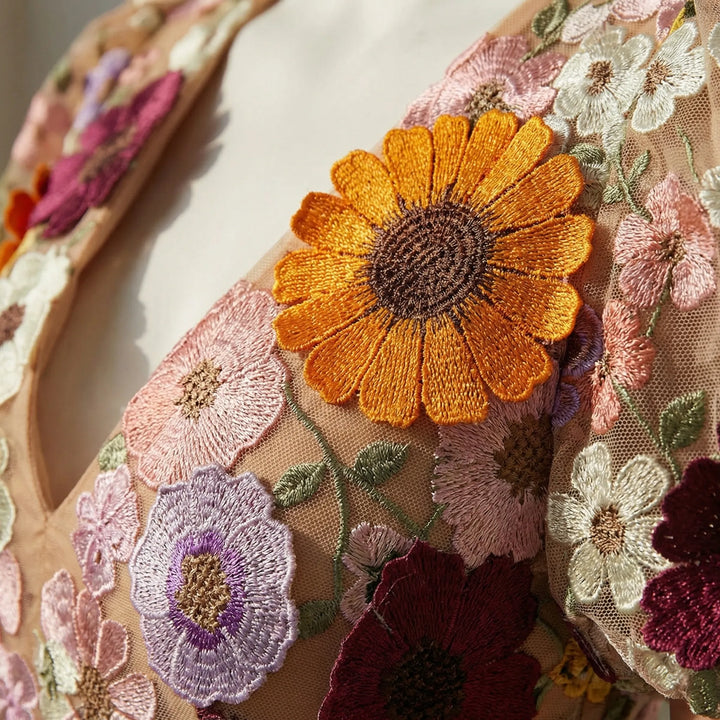 Floreva - Fitted Bodice Floral Embroidered Mini Dress