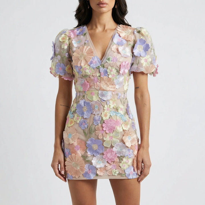 Floreva - Fitted Bodice Floral Embroidered Mini Dress