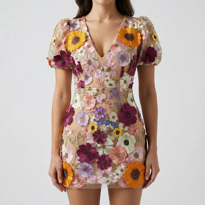 Floreva - Fitted Bodice Floral Embroidered Mini Dress