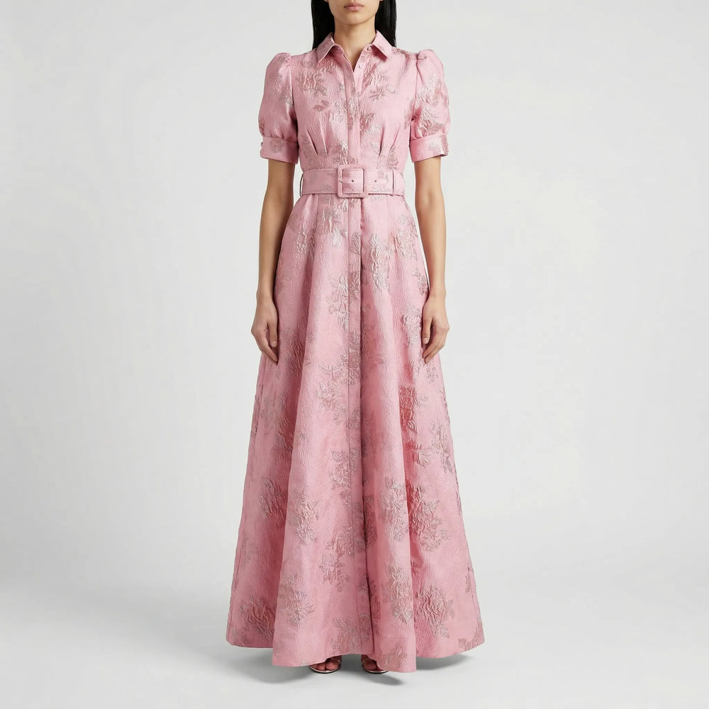 Floriqué - Belted Floral Jacquard Maxi Dress