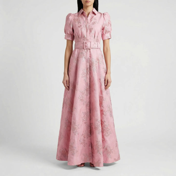 Floriqué - Belted Floral Jacquard Maxi Dress