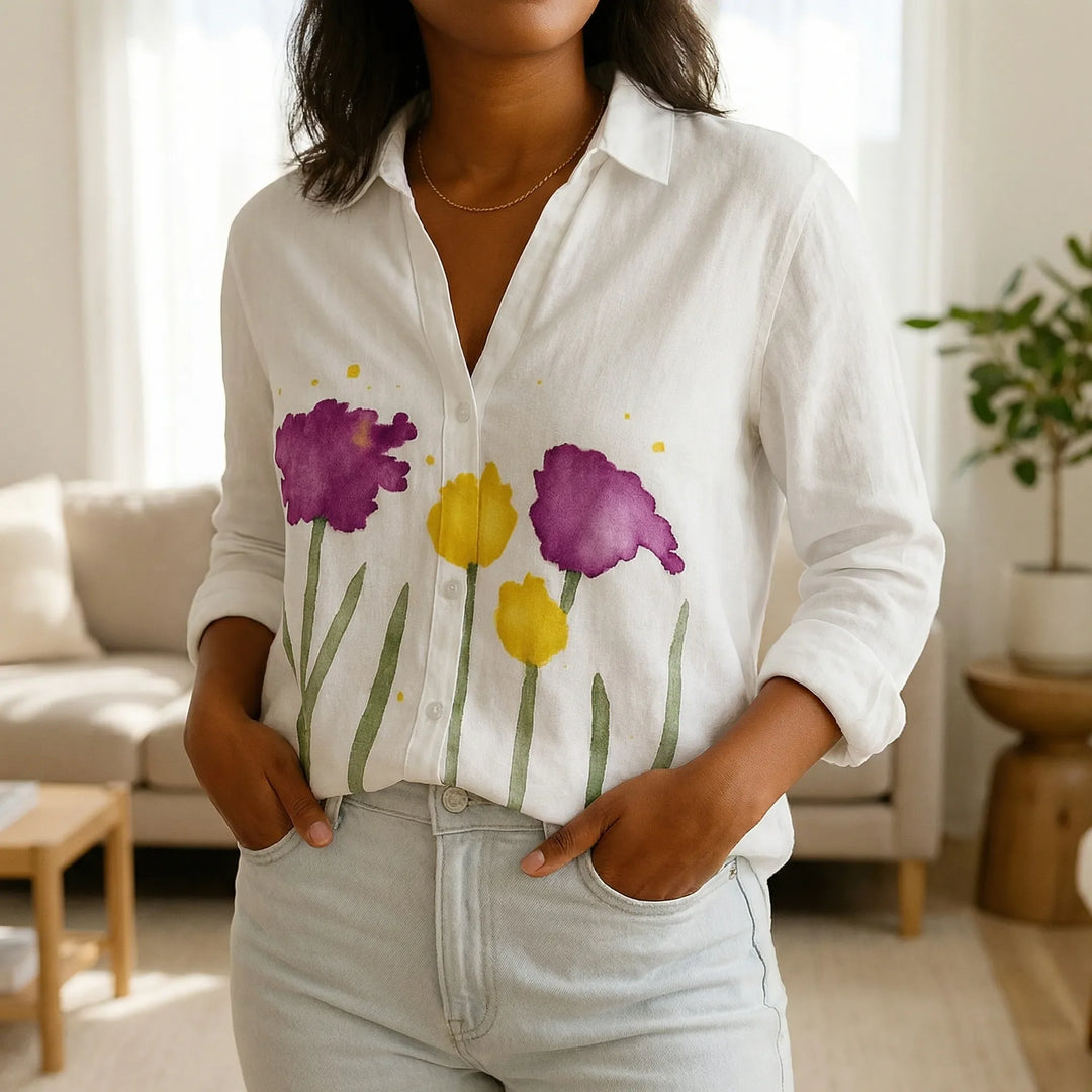 Florvena - Floral Print Button-Down Women's Shirt