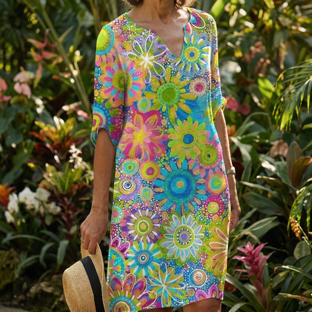 Florvida - Bold Floral Print Midi Dress