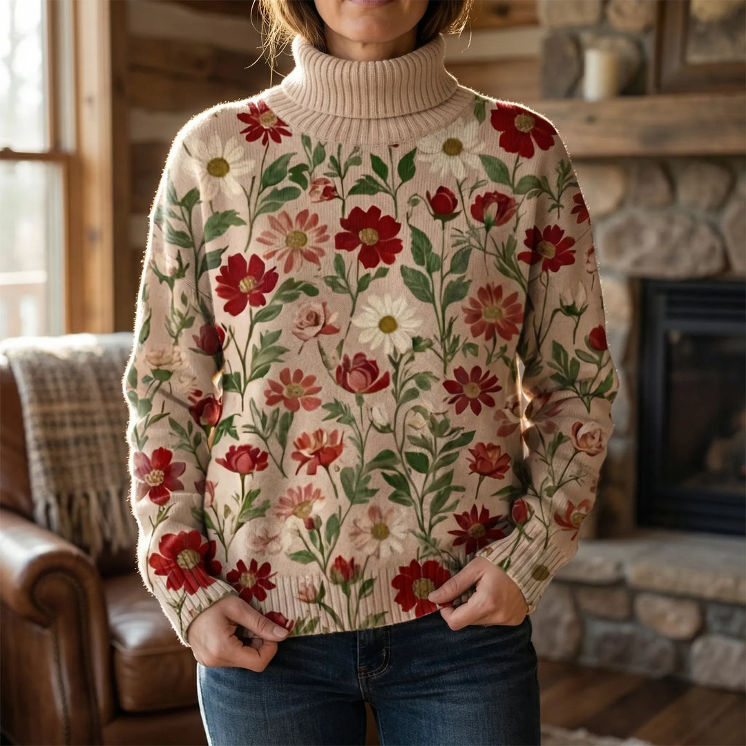 Florwick - Floral Print Turtleneck Pullover Sweater