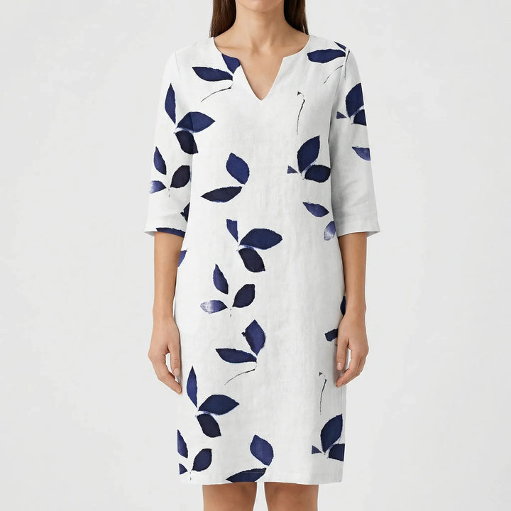 Foliara - Leaf Print V-Neck Midi Dress
