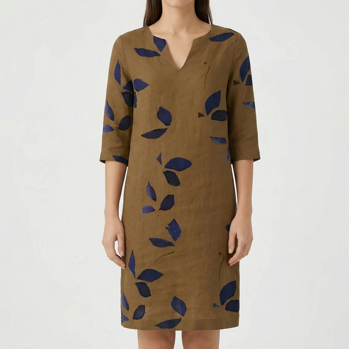 Foliara - Leaf Print V-Neck Midi Dress