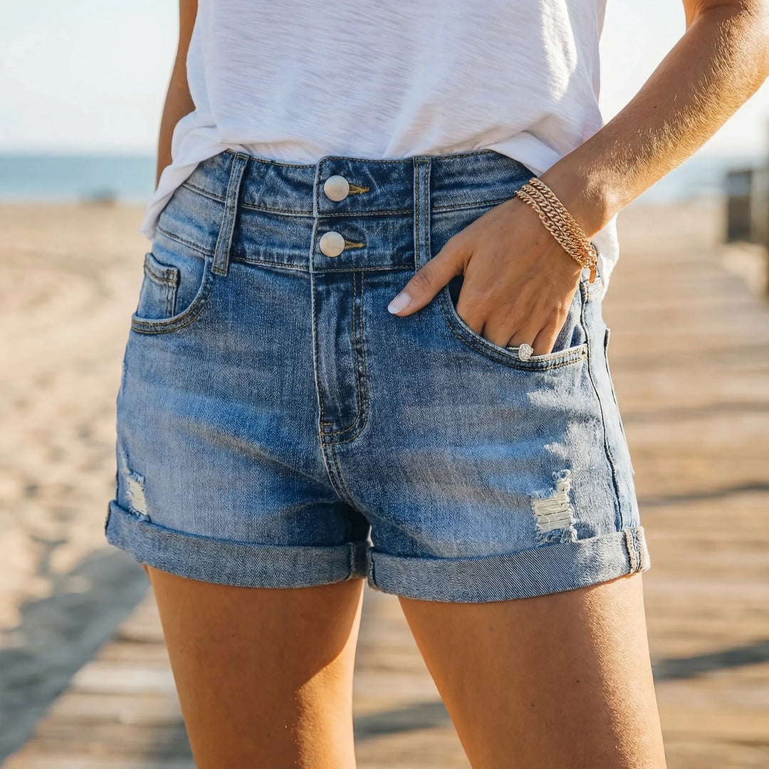 Frayve - Ripped Cuffed Denim Shorts For Women