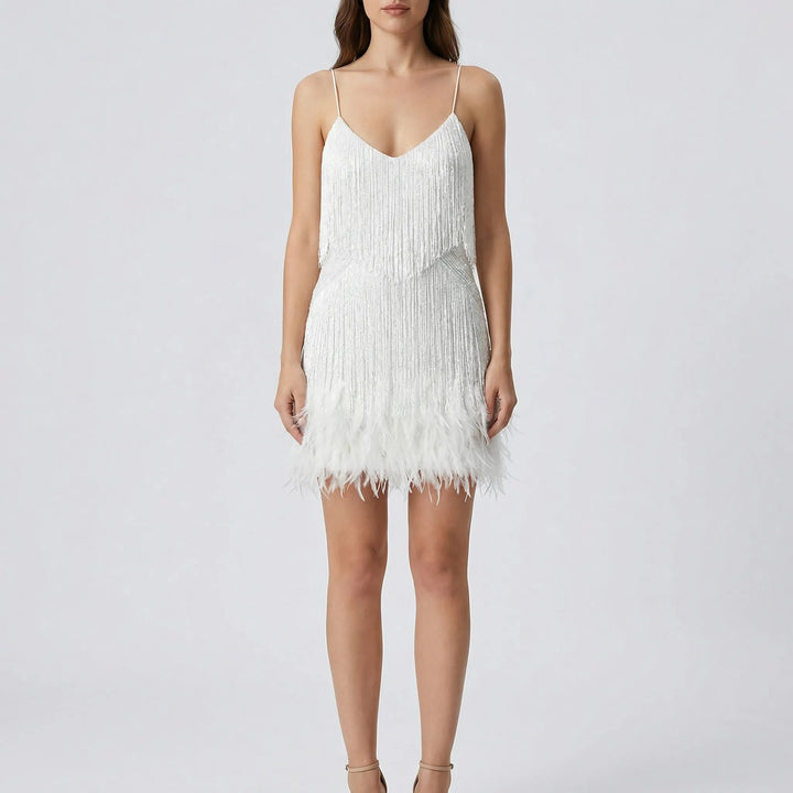 Frinvara - Sleeveless Feather Fringe Mini Dress