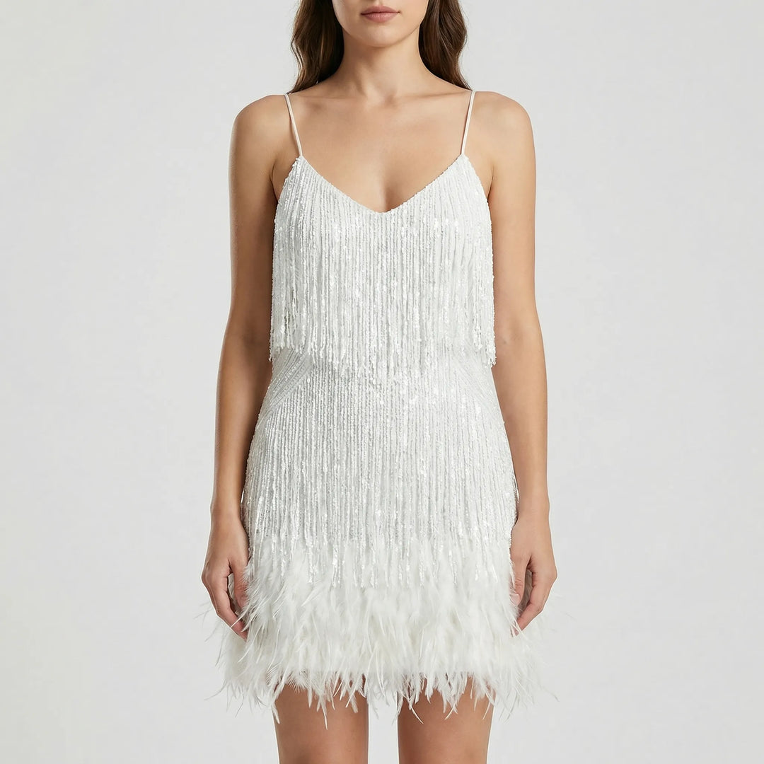Frinvara - Sleeveless Feather Fringe Mini Dress