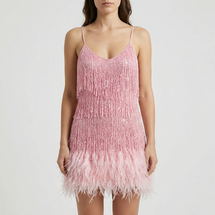 Frinvara - Sleeveless Feather Fringe Mini Dress