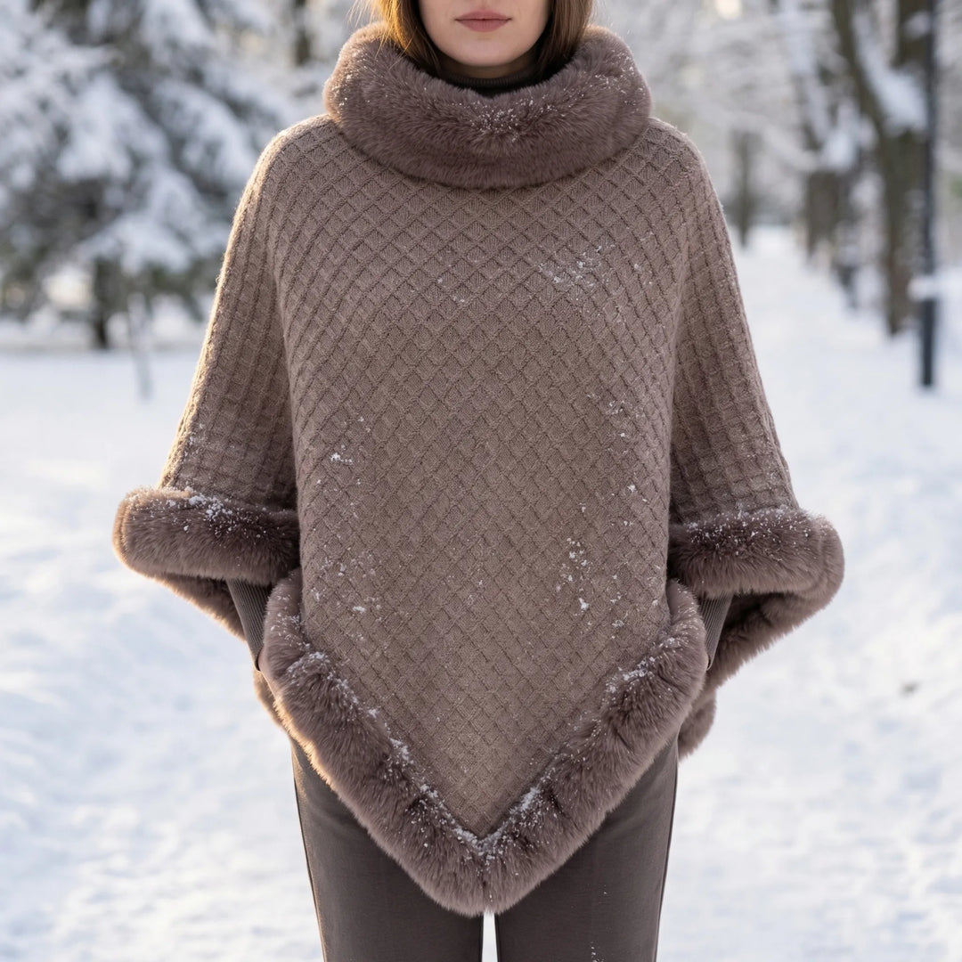Furrova - Oversized Cable Knit Poncho With Faux Fur Trim