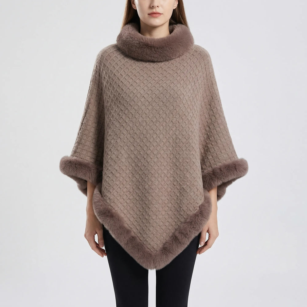 Furrova - Oversized Cable Knit Poncho With Faux Fur Trim