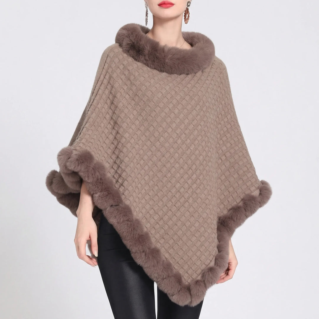 Furrova - Oversized Cable Knit Poncho With Faux Fur Trim