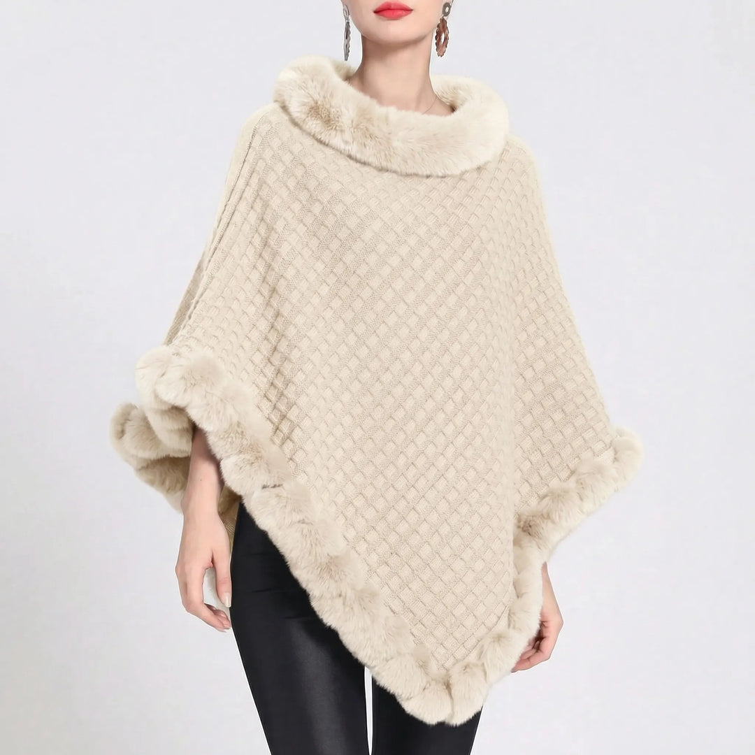 Furrova - Oversized Cable Knit Poncho With Faux Fur Trim