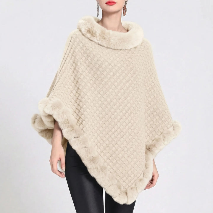 Furrova - Oversized Cable Knit Poncho With Faux Fur Trim