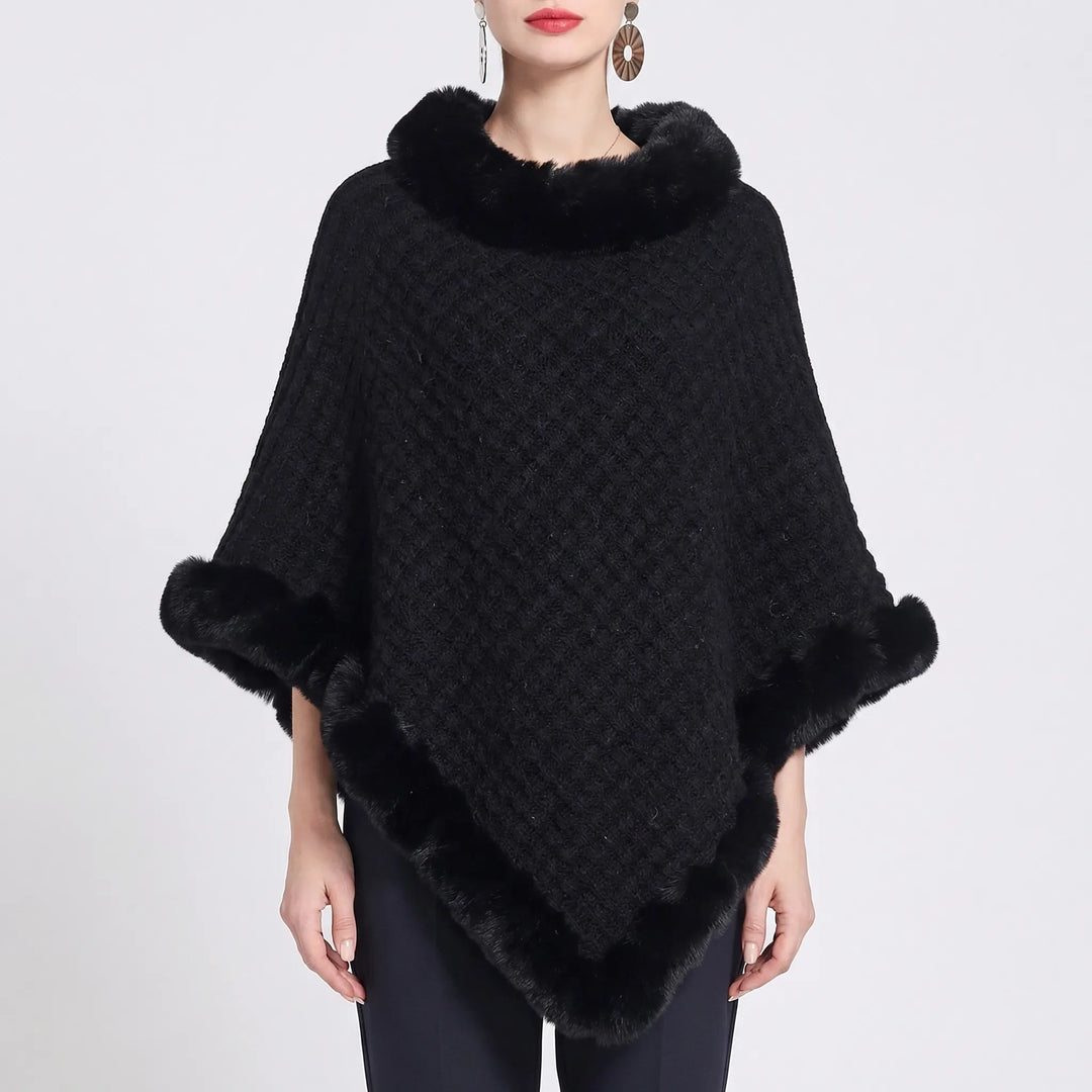 Furrova - Oversized Cable Knit Poncho With Faux Fur Trim