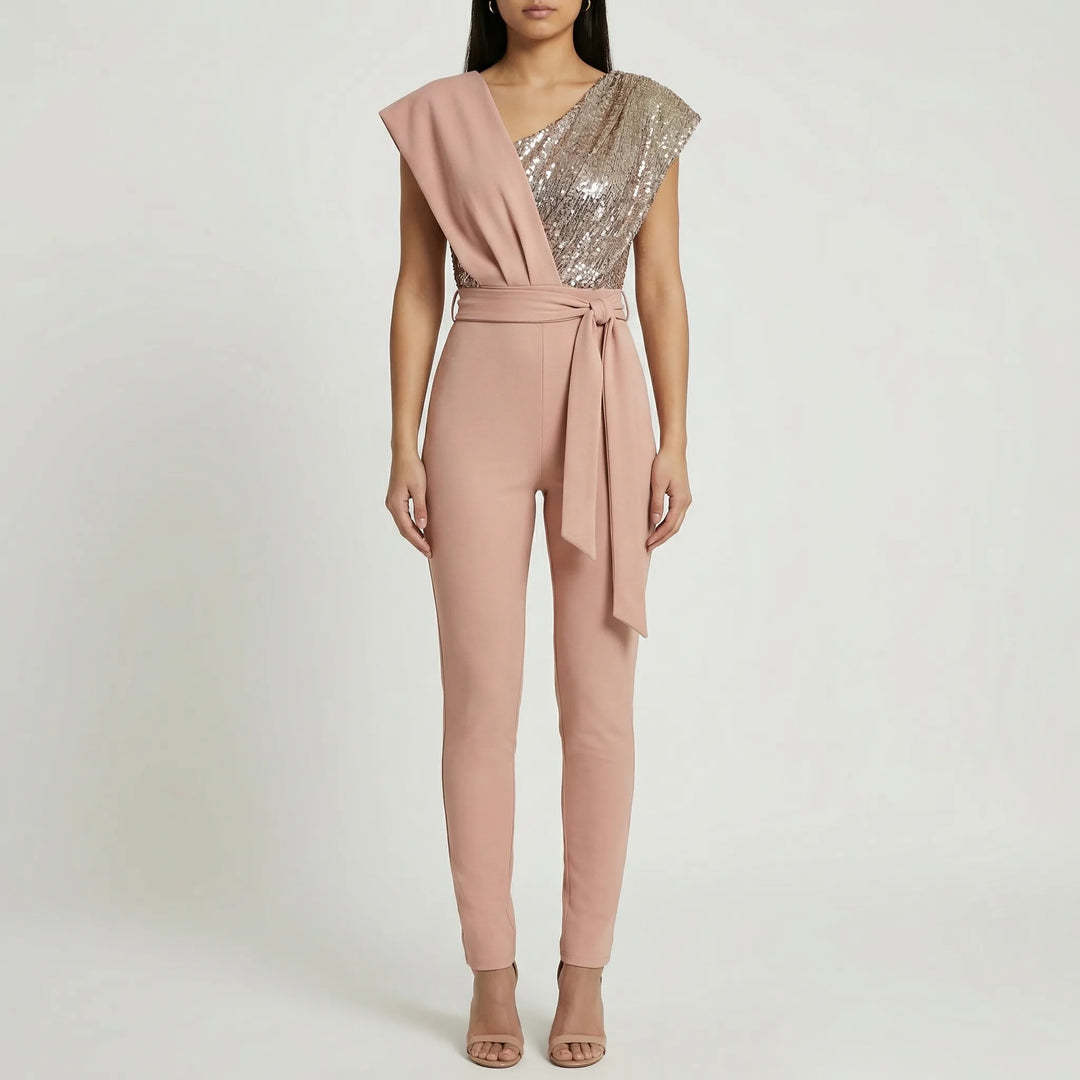 Glamerex - One-Shoulder Sequin-Bodice Jumpsuit
