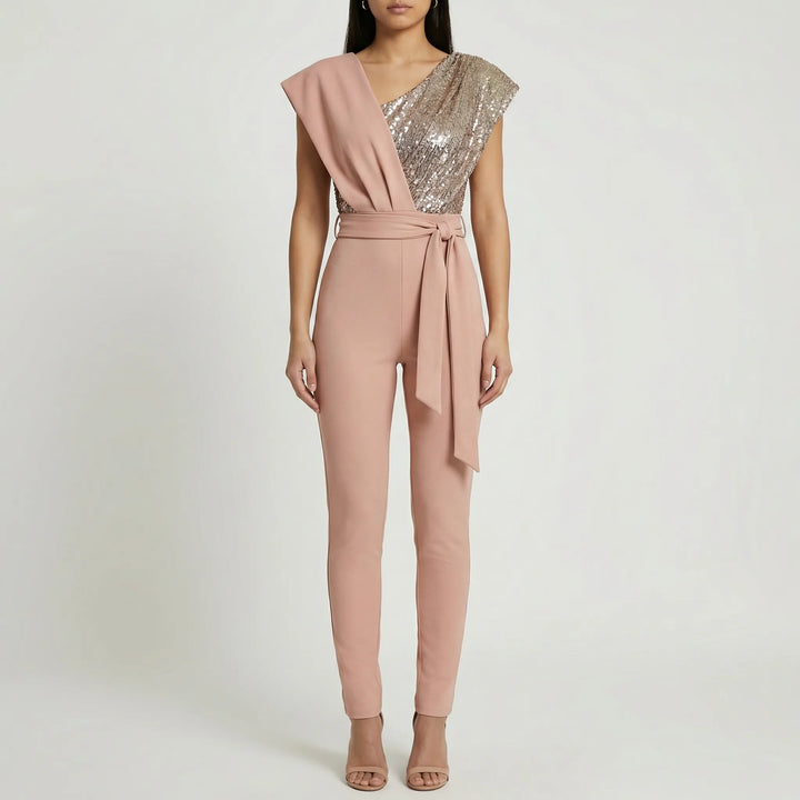 Glamerex - One-Shoulder Sequin-Bodice Jumpsuit