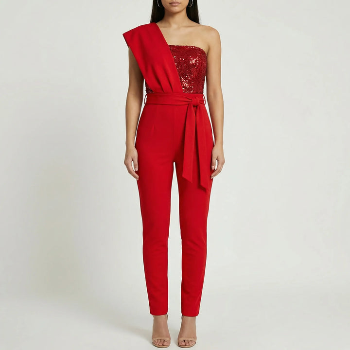 Glamerex - One-Shoulder Sequin-Bodice Jumpsuit