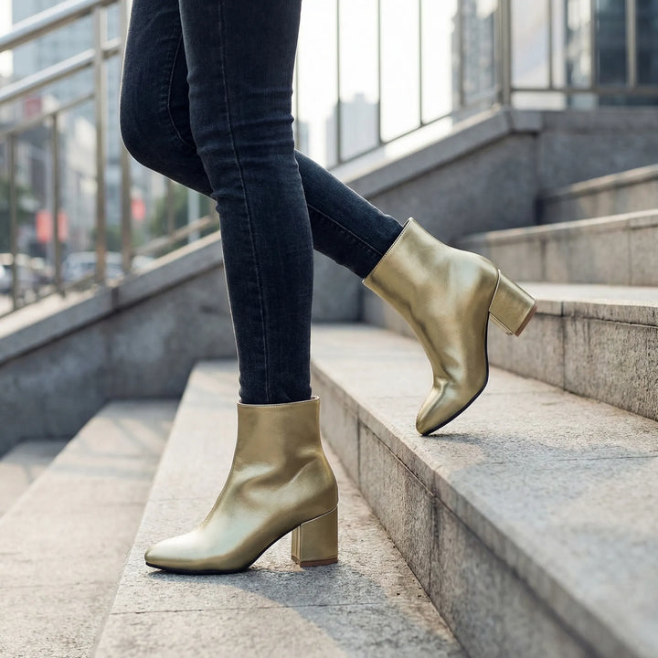 Glimmex - Metallic Finish Block Heel Ankle Boot