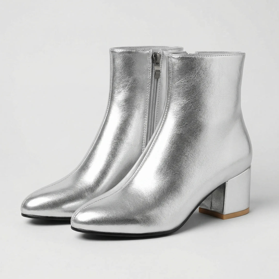 Glimmex - Metallic Finish Block Heel Ankle Boot