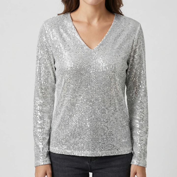Glitzova - All-Over Sequin V-Neck Pullover