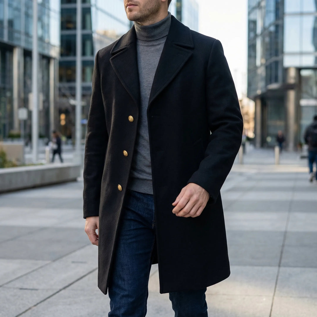Gravlyn - Long Button-Front Lapel Coat For Men