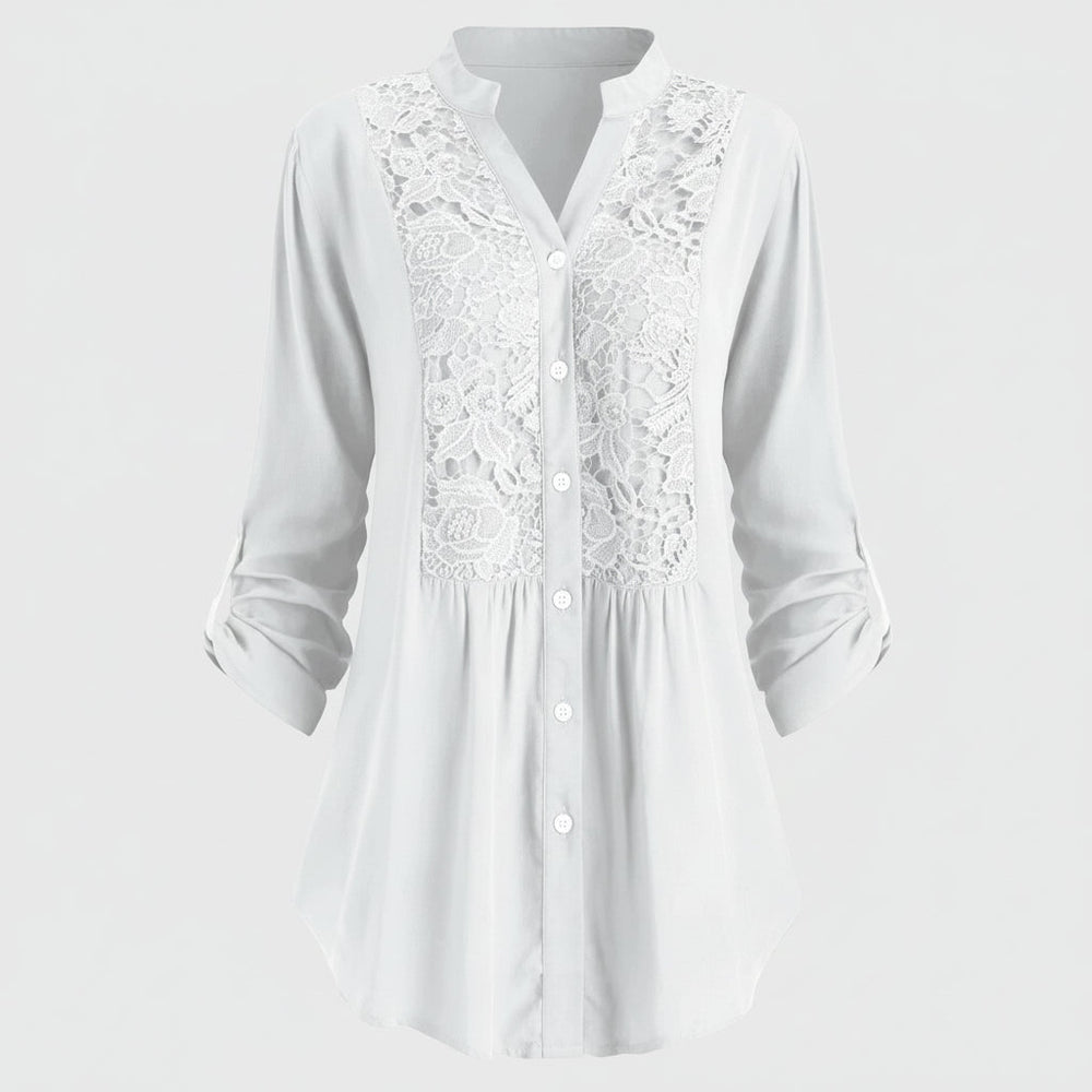 Voorkant witte lange blouse met pofmouwen voor dames