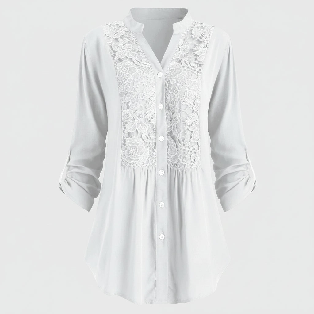 Voorkant witte lange blouse met pofmouwen voor dames