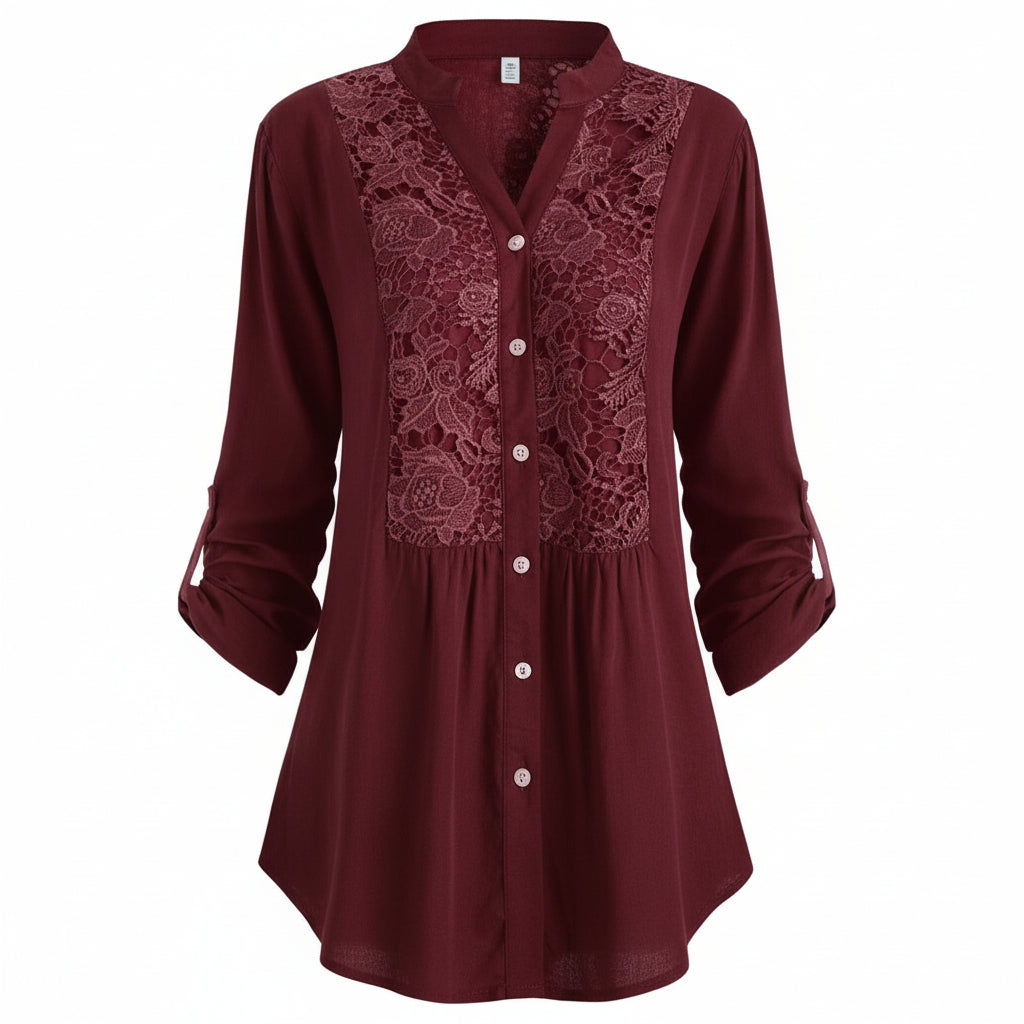 Voorkant rode lange blouse met pofmouwen voor dames