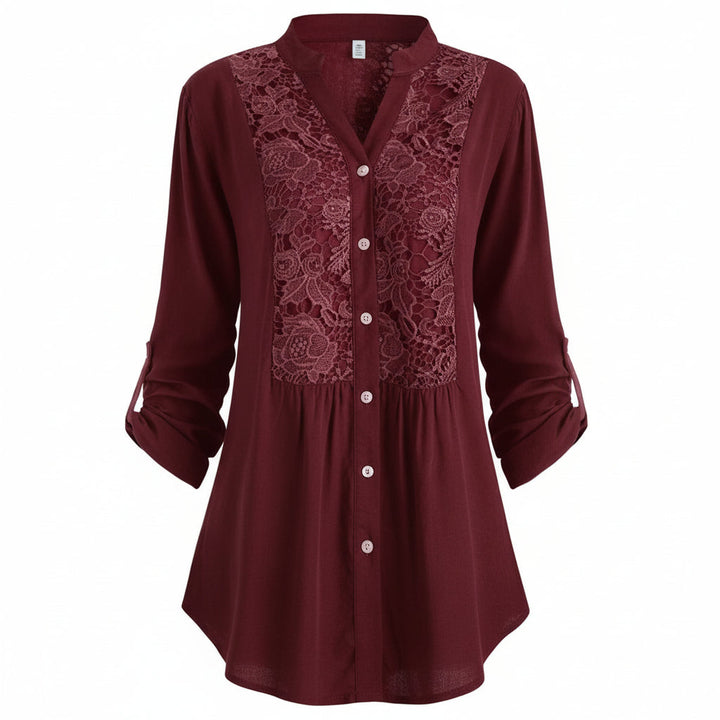 Voorkant rode lange blouse met pofmouwen voor dames