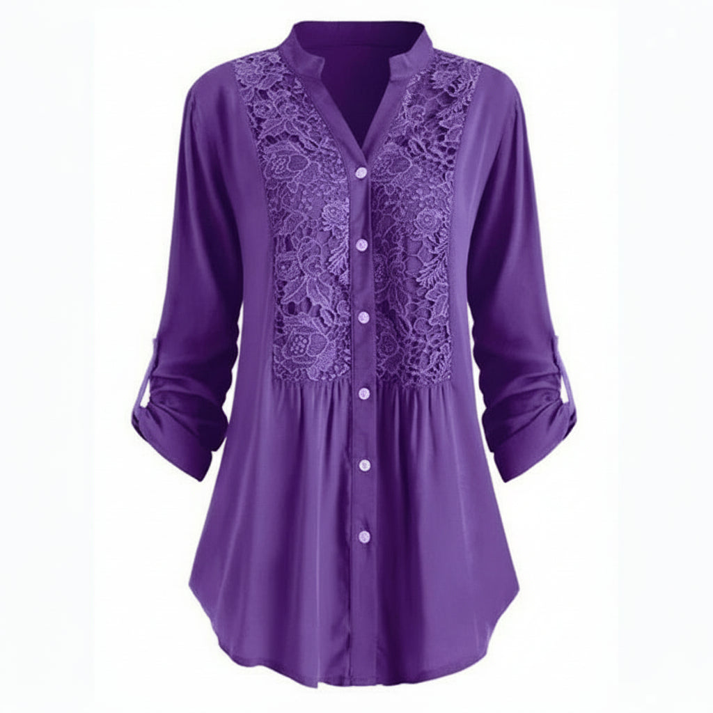 Voorkant paarse lange blouse met pofmouwen voor dames