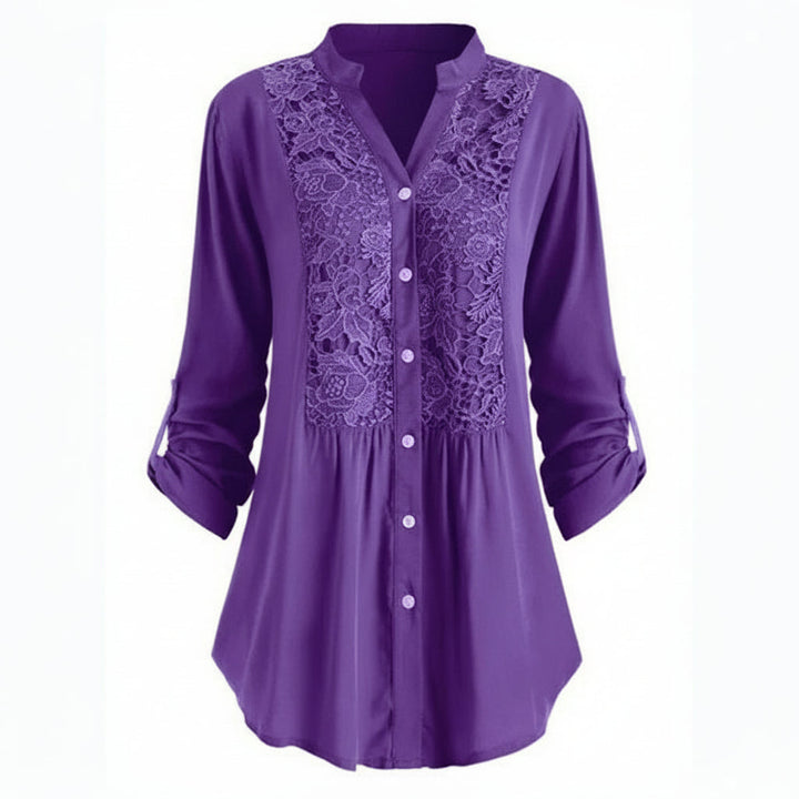 Voorkant paarse lange blouse met pofmouwen voor dames