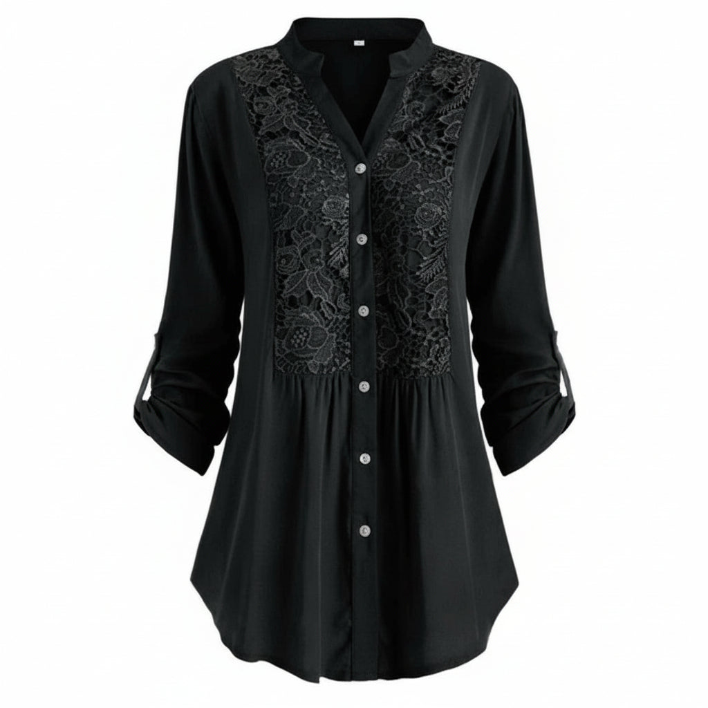 Voorkant zwarte lange blouse met pofmouwen voor dames